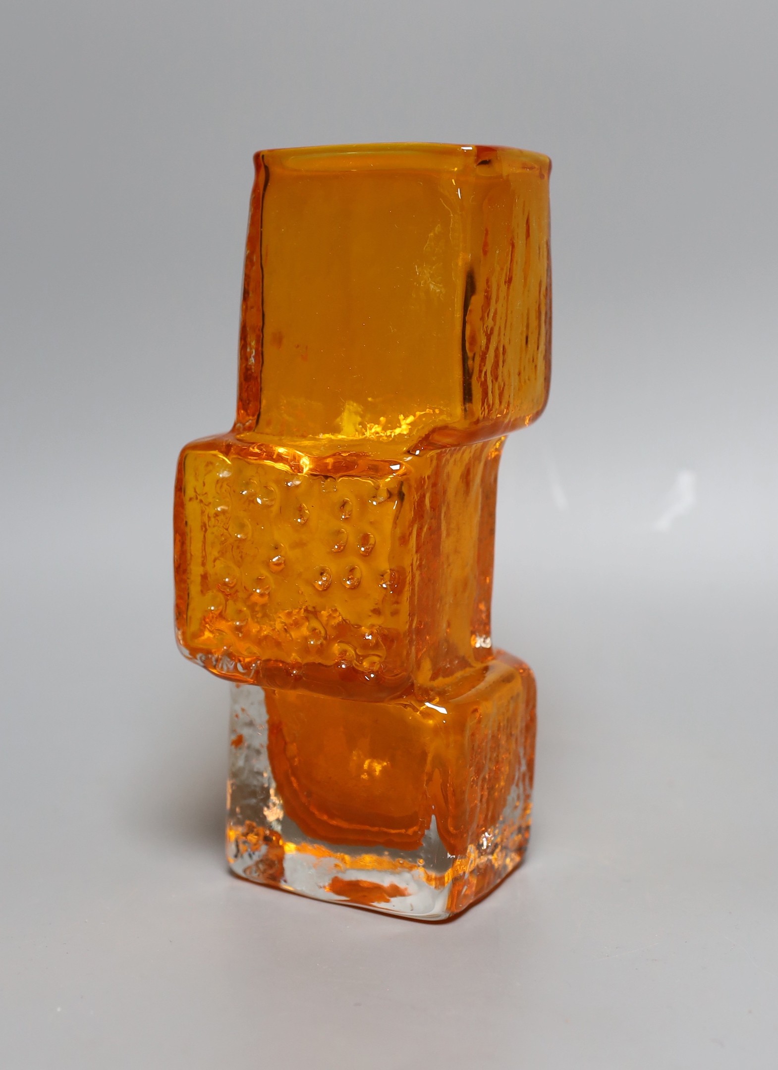 A Whitefriars 'Drunken Bricklayer's' glass vase, designed by Geoffrey Baxter, pattern number 9673, tangerine glass, 21cm tall